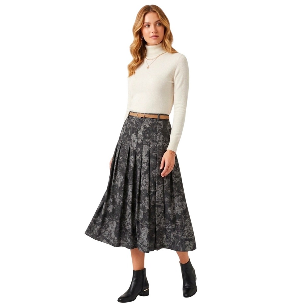 BOUTIQUE HOBBY Black Grey Floral Pleated Midi Skirt High  A-Line Lace Print   46